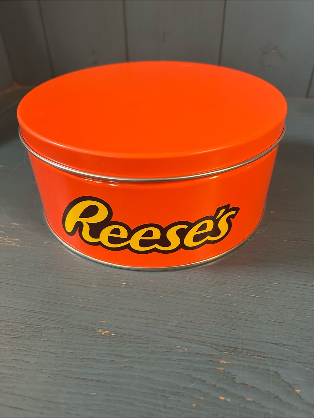 Reese’s Peanut Butter Orange Empty Metal Storage Tin - Round Candy Canister